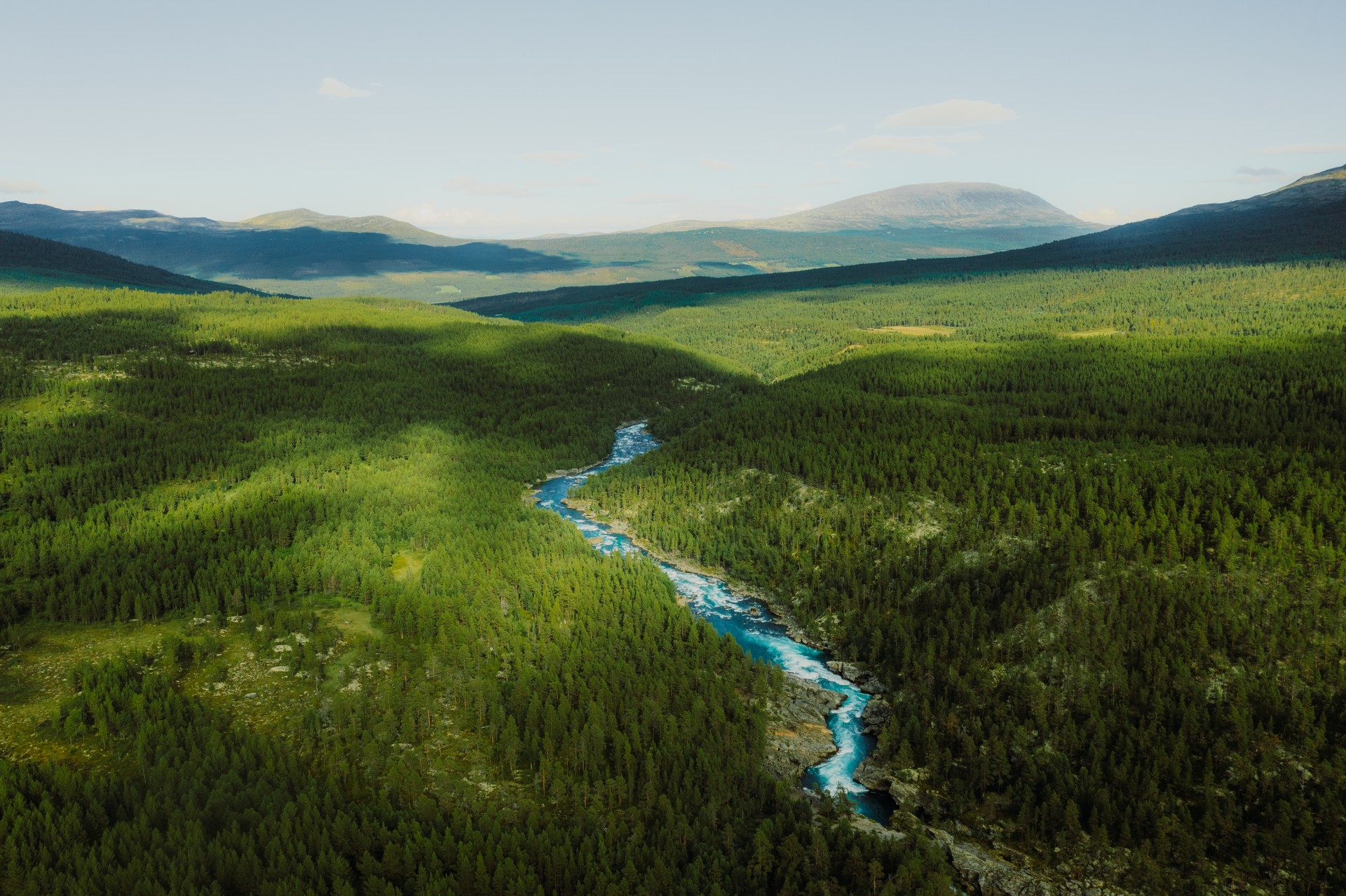 Scenic aerial view of the mountain landscape with a forest and the crystal blue river in Jotunheimen National Park