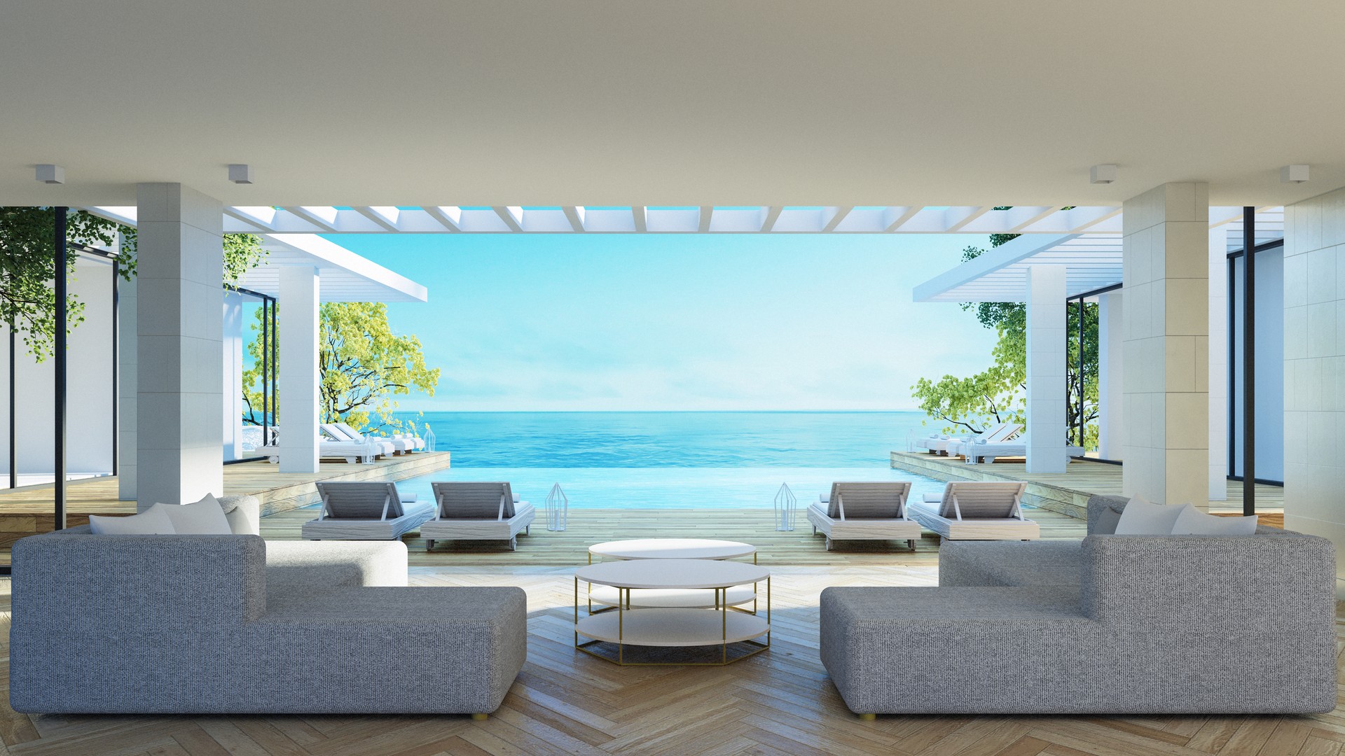 Beach luxury living room and Sea 

view interior - 3d rendering